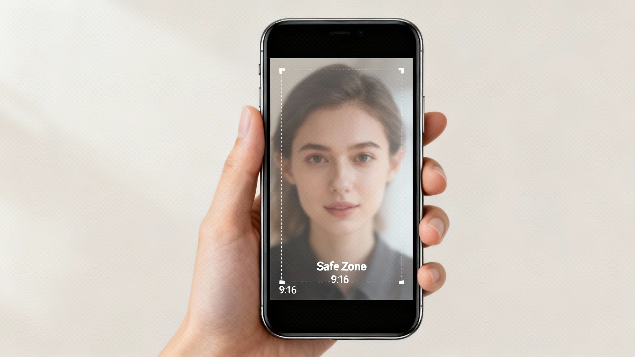 A hand holds a smartphone displaying a woman's face within a 9:16 'Safe Zone' for video ads.