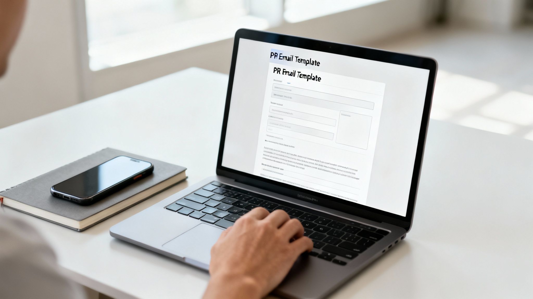 A person types on a laptop displaying a PR email template, with a phone and notebook nearby.