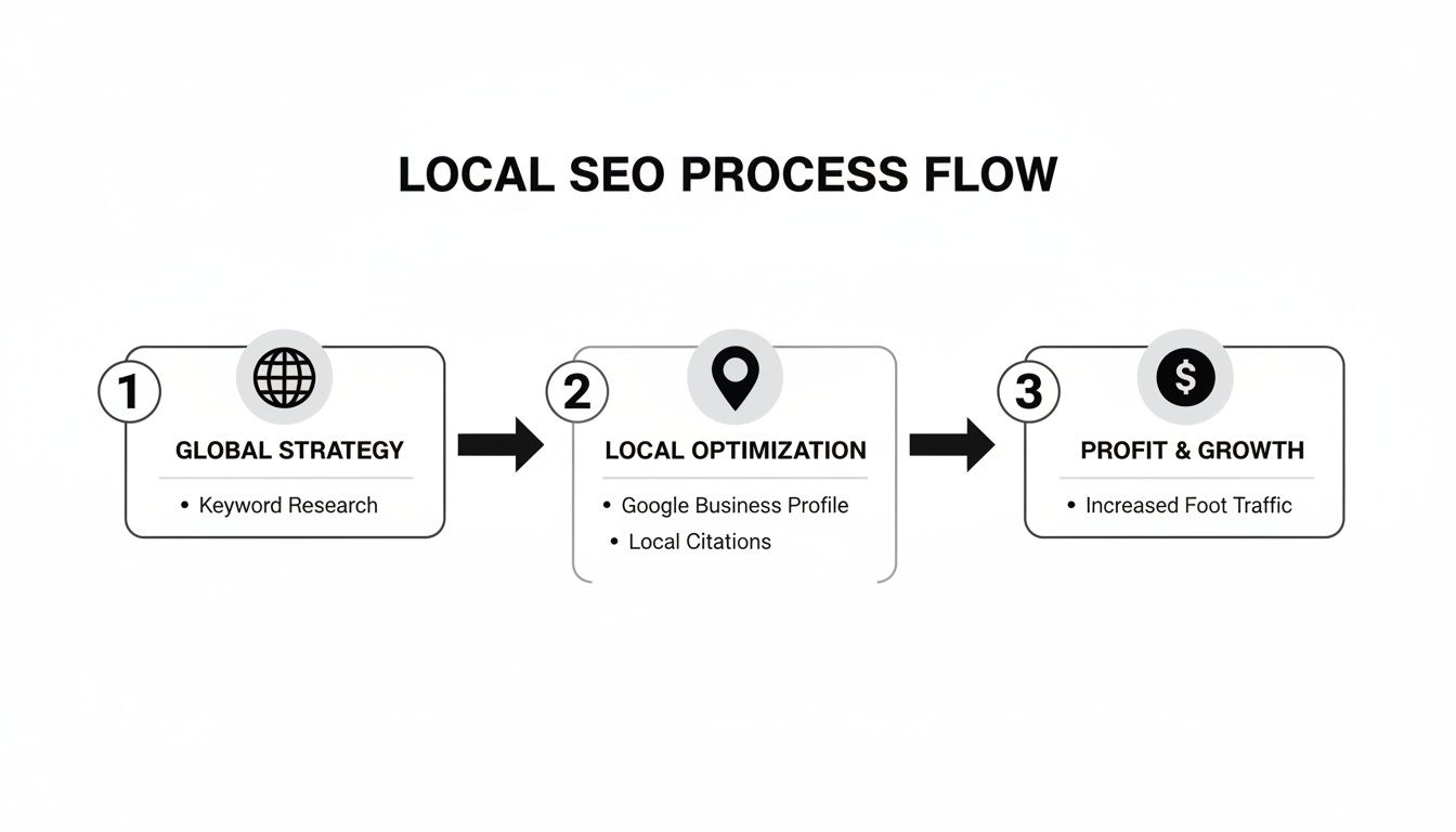 A three-step local SEO process flow diagram illustrating global strategy, local optimization, and profit growth.