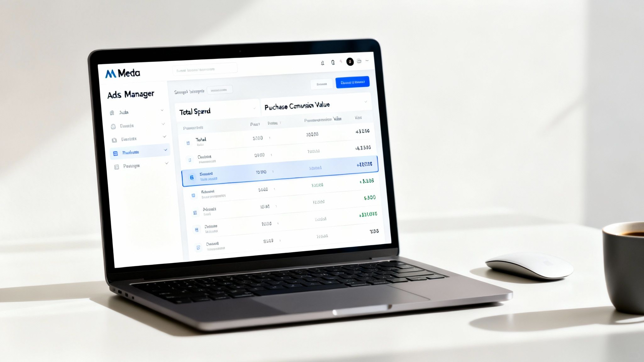 Laptop displaying an ads manager dashboard with financial data like total spend and purchase conversion value.