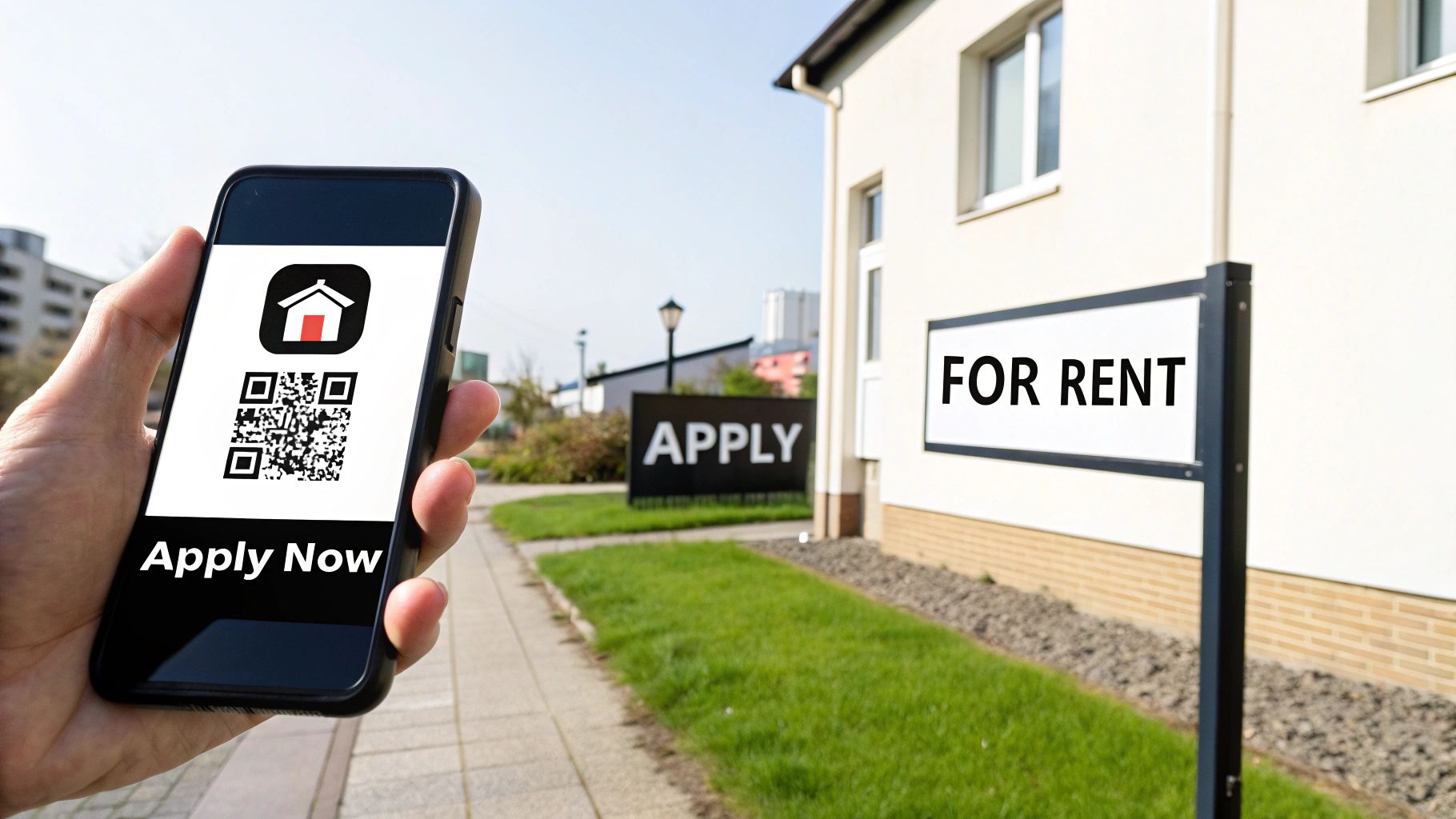 A person holds a smartphone displaying a rental application QR code and 'Apply Now' near a 'FOR RENT' sign.