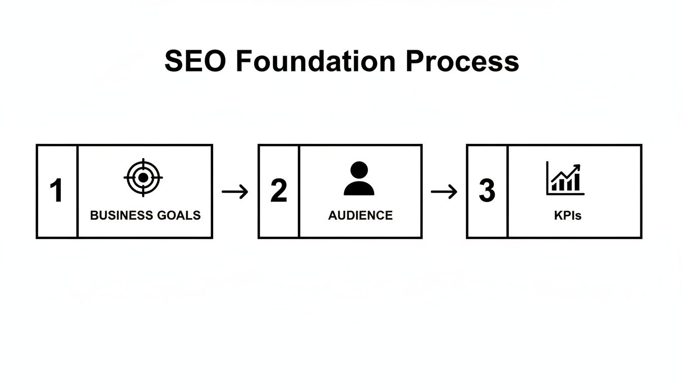 Diagram illustrating the SEO Foundation Process: Business Goals, Audience identification, and Key Performance Indicators (KPIs).