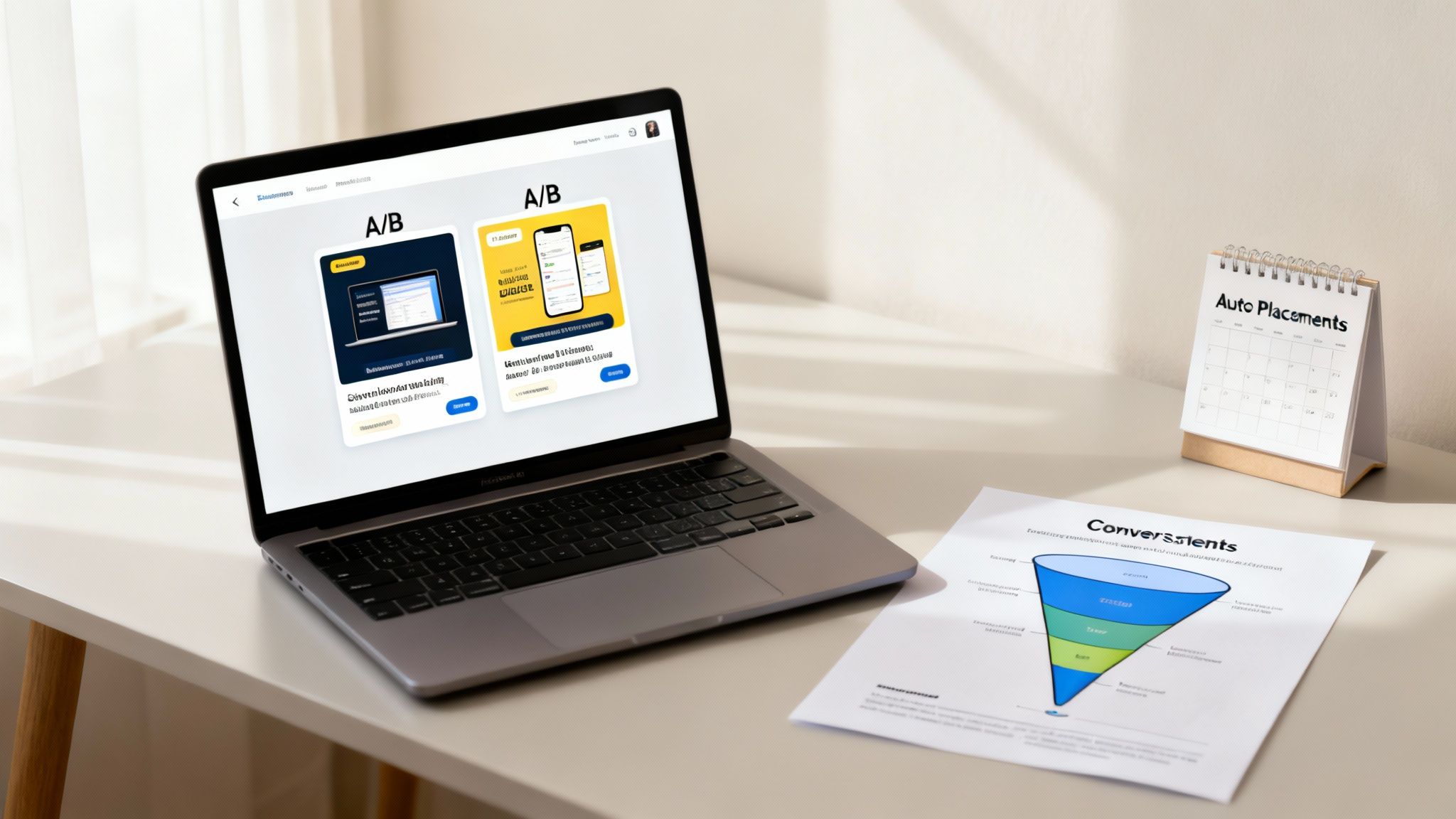 A laptop displaying A/B testing interface next to a conversion funnel diagram and calendar on a desk.