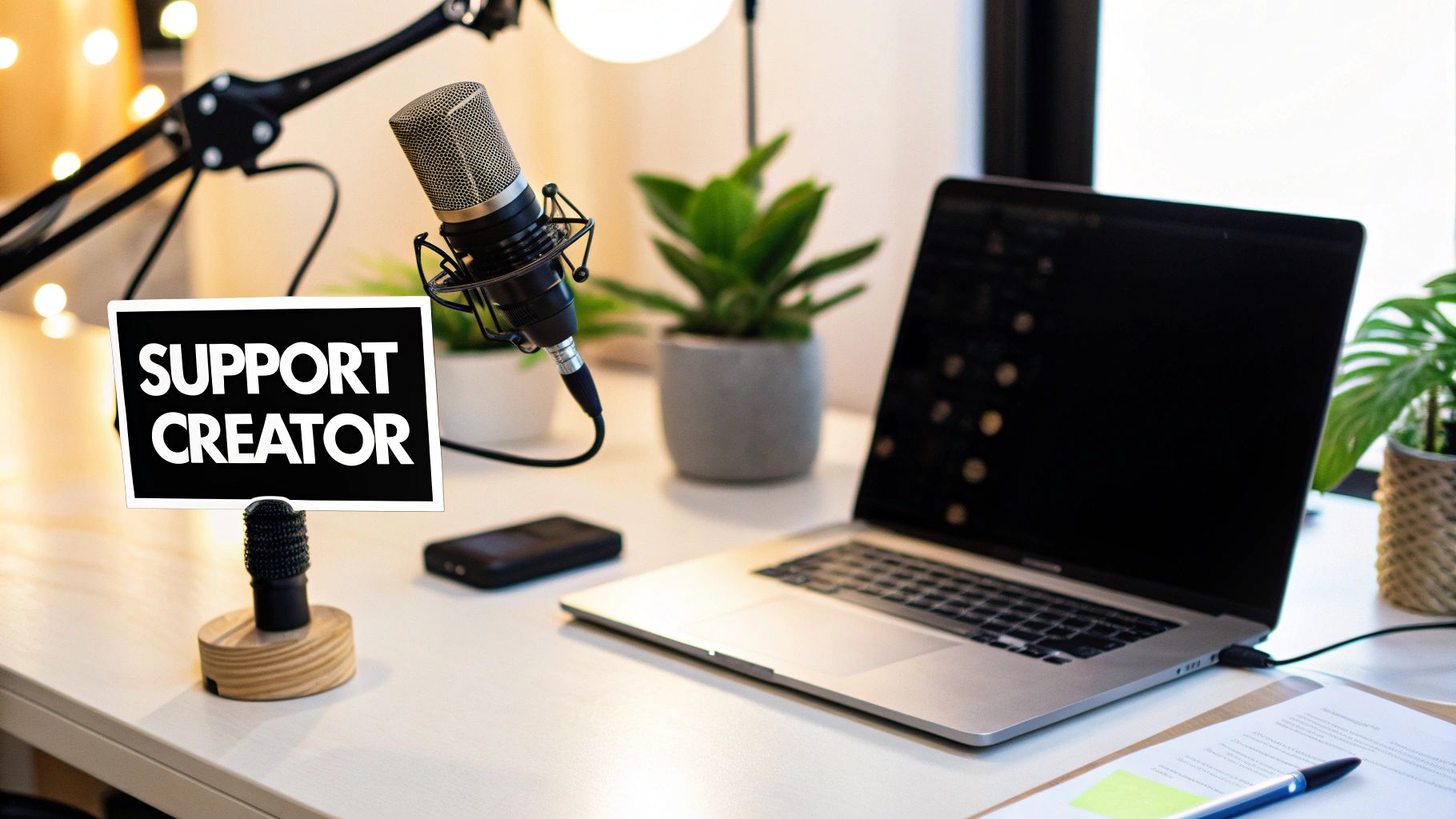 A professional creator workspace featuring a microphone, laptop, plants, and a sign saying 'SUPPORT CREATOR'.