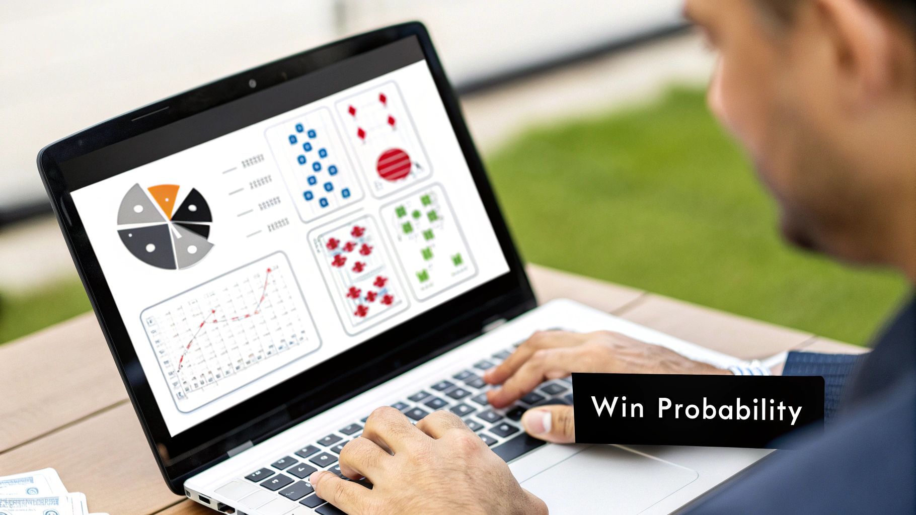 A person views win probability statistics on a laptop, showing poker cards and financial charts.