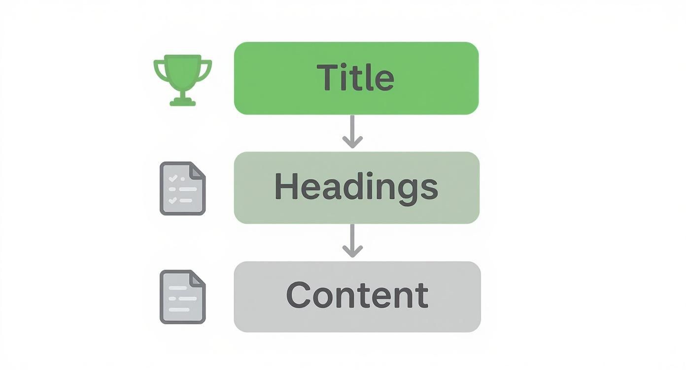 Flowchart illustrating content structure: Title, Headings, and Content, with corresponding icons.