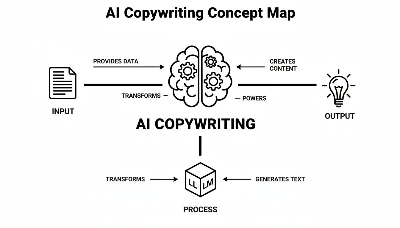 A concept map illustrating the AI copywriting workflow from input data to content output via an LLM process.