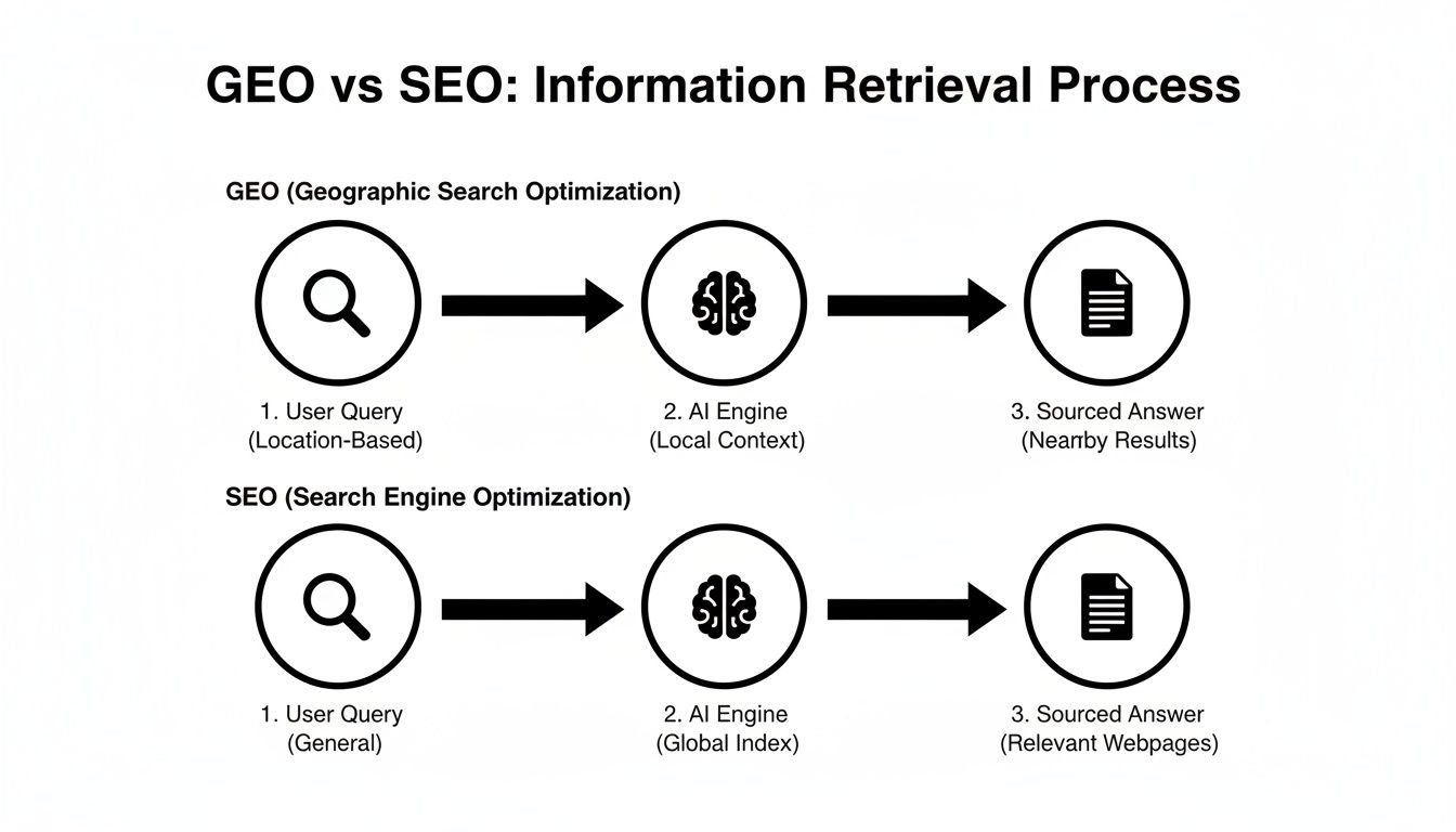 Diagram illustrating the information retrieval process comparison between GEO (Geographic Search Optimization) and SEO (Search Engine Optimization).