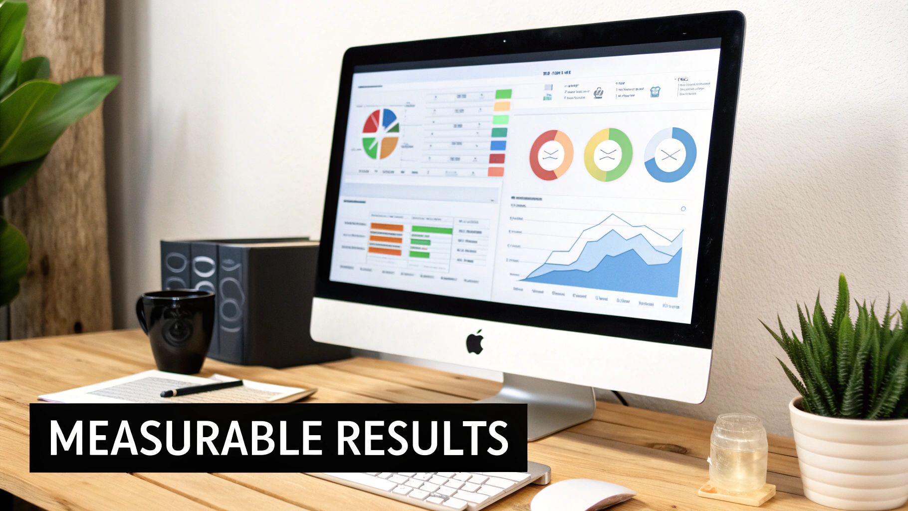 A tidy workspace with an iMac displaying various business charts and graphs on a wooden desk.