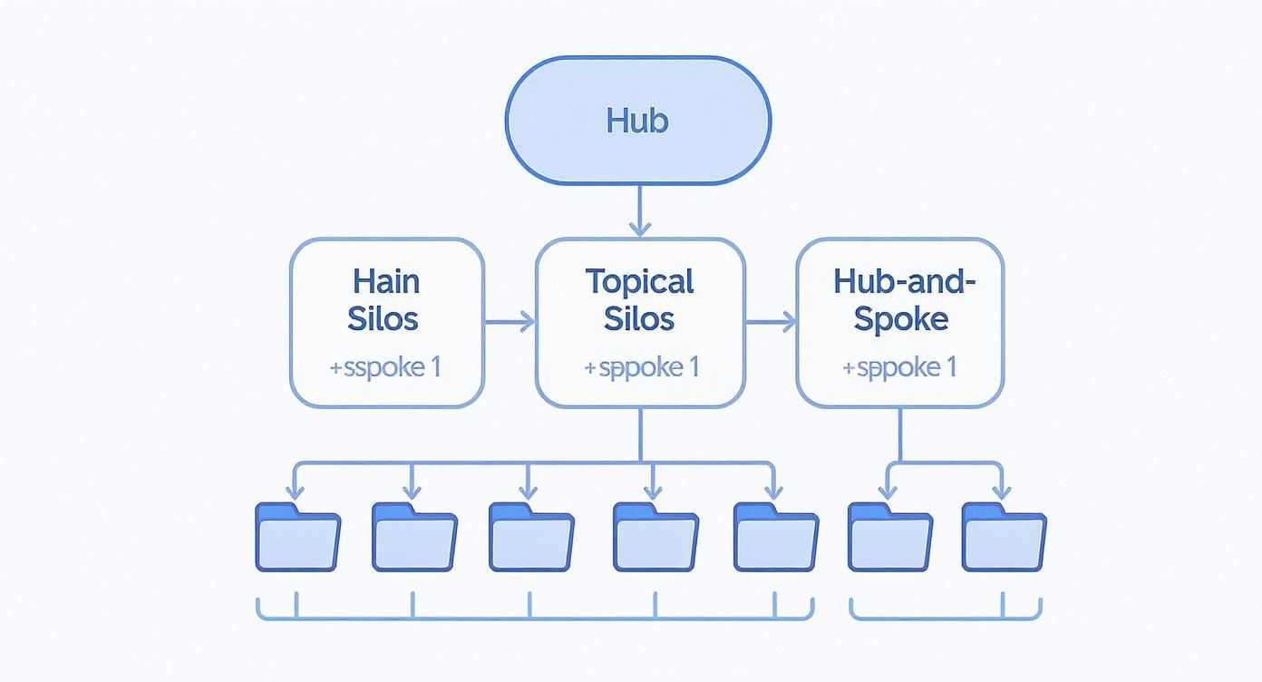 Diagram showing hub and spoke internal linking structure with topical silos for SEO organization