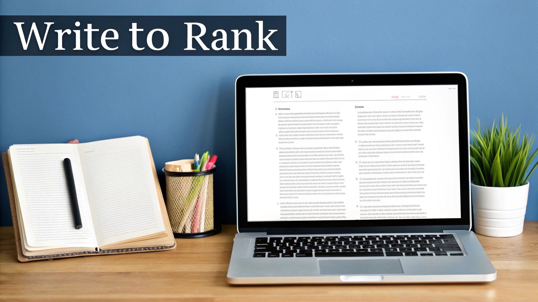A laptop and notebook on a desk with a 'Write to Rank' banner, symbolizing SEO content creation.