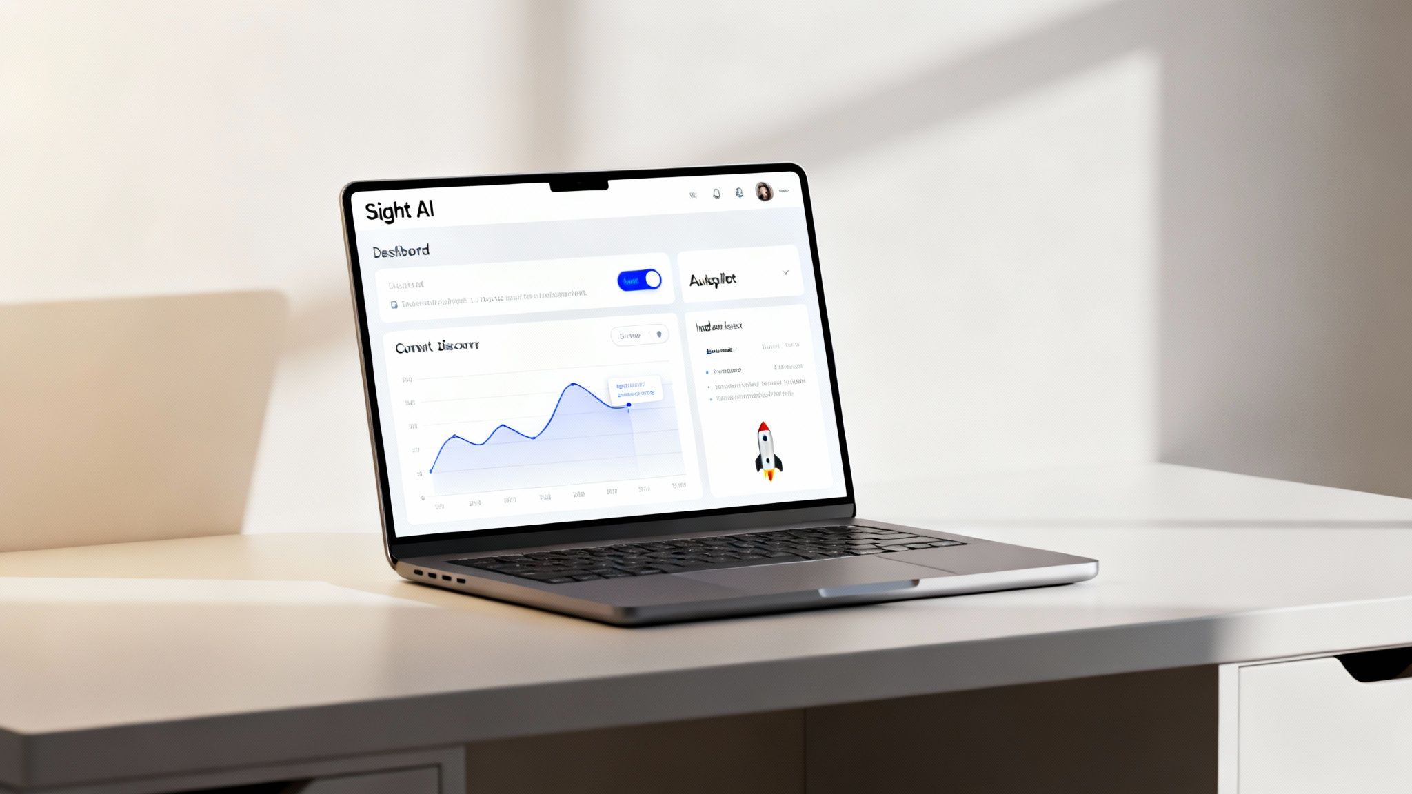 A modern laptop on a white desk displays an AI dashboard with graphs and a rocket icon.
