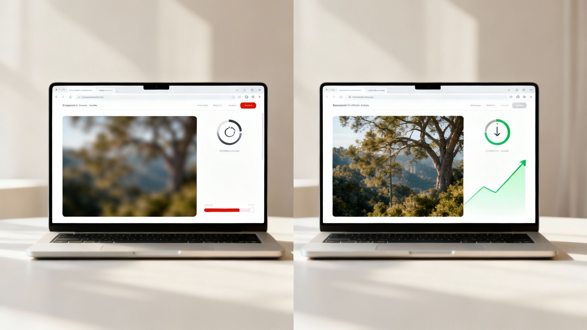 Two laptops showing image compression process with loading progress and optimization success indicators