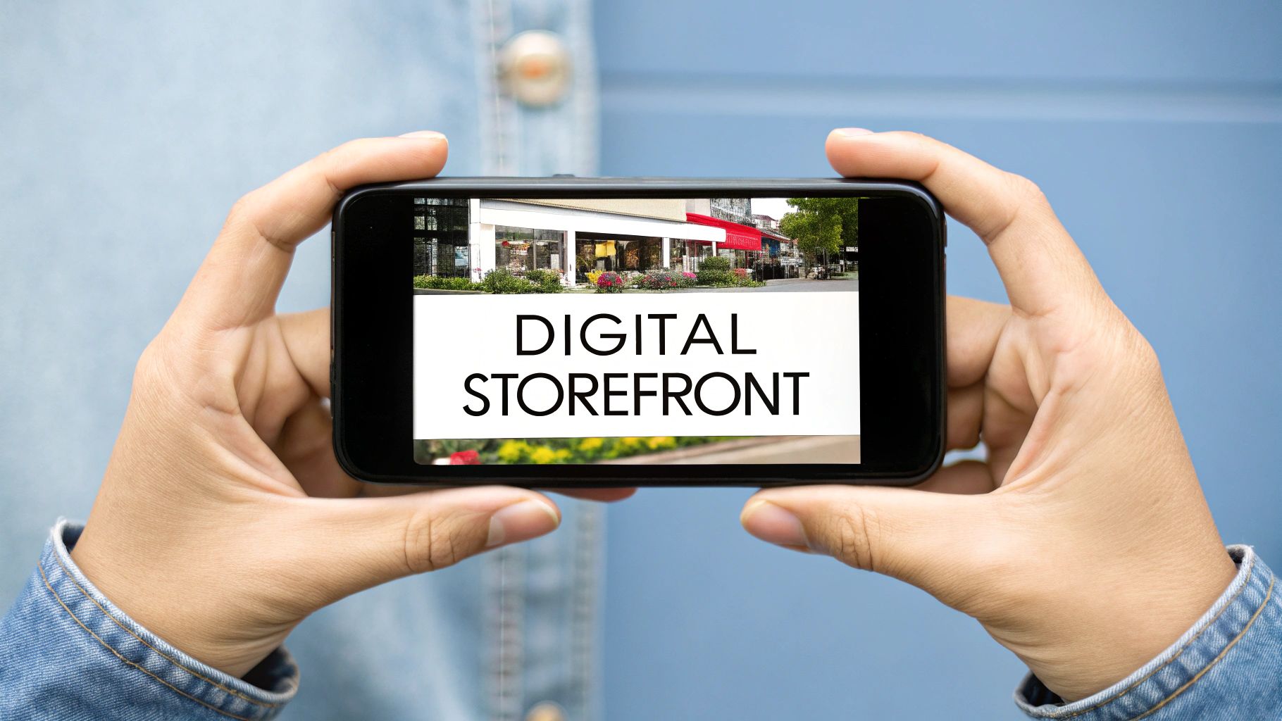 Hands hold a smartphone displaying 'Digital Storefront' text over images of multiple retail stores.