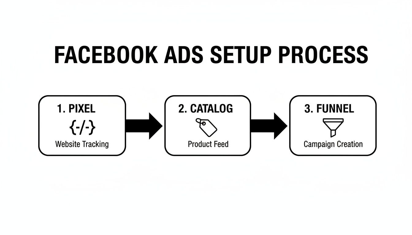 A diagram outlining the three-step Facebook Ads setup process: Pixel, Catalog, and Funnel.