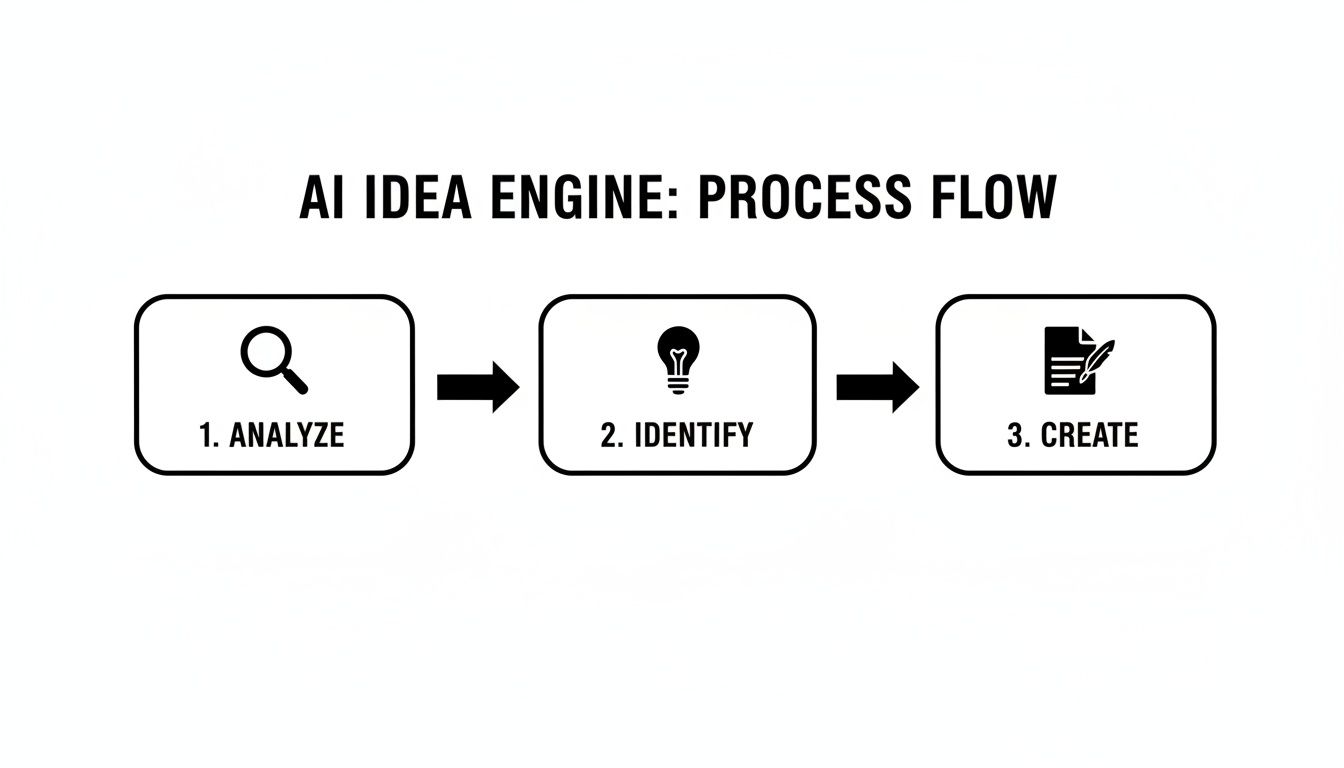 A flowchart showing the AI Idea Engine process: 1. Analyze, 2. Identify, 3. Create, with icons.