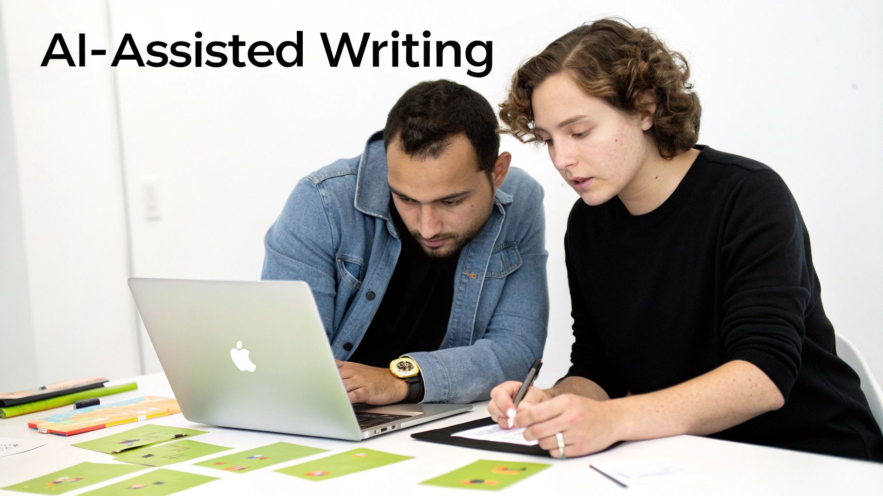 Two people collaborating on AI-assisted writing, one using a laptop and the other writing on paper.