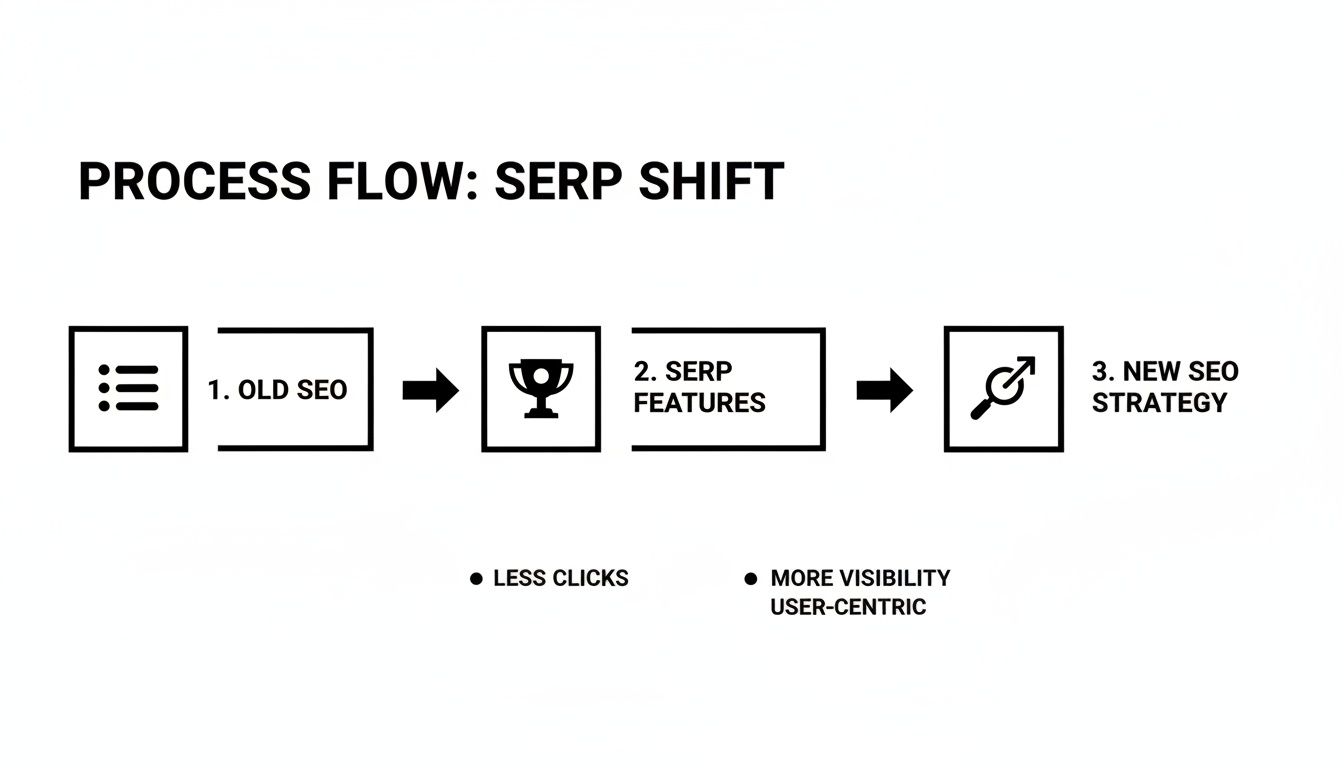 A diagram illustrating the evolution from old SEO to a new, user-centric strategy leveraging SERP features.