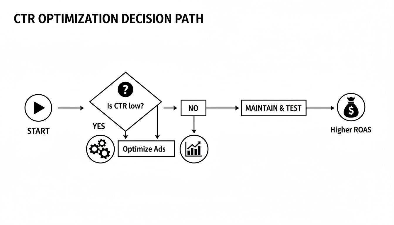 Flowchart illustrating a CTR optimization decision path leading to improved ad performance and higher ROAS.