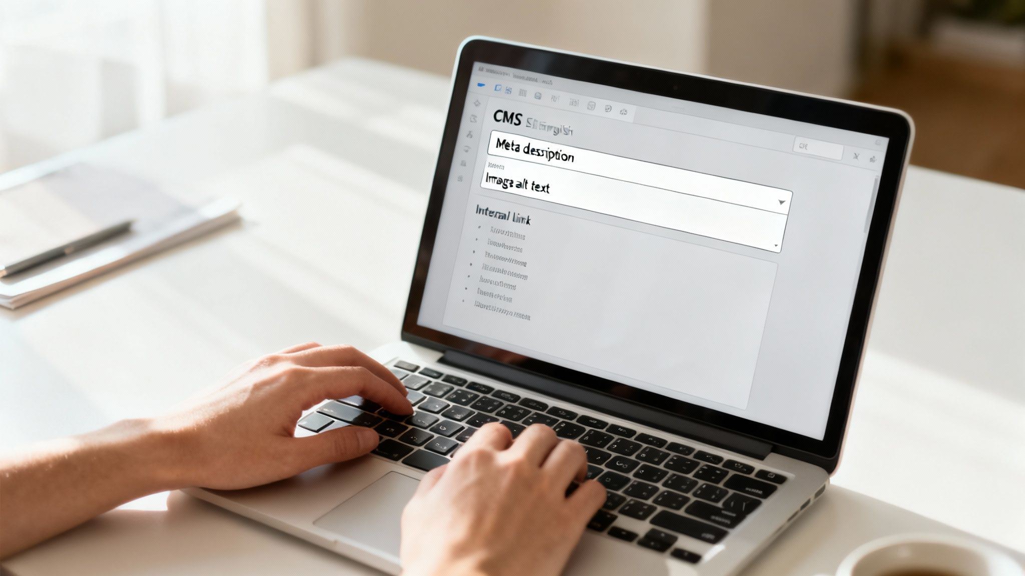 Hands typing on a laptop, optimizing SEO content within a CMS, including meta descriptions and alt text.