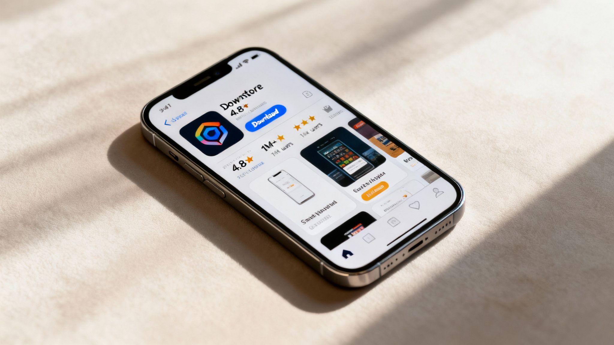 An iPhone displays the 'Downtore' app page on an app store, showing its logo, ratings, and download button.