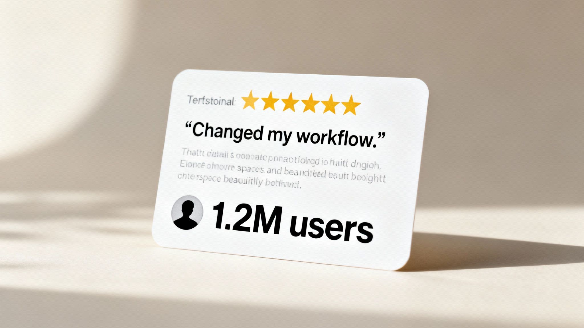 A white card displays a 5-star customer review with the quote 'Changed my workflow.' and '1.2M users'.
