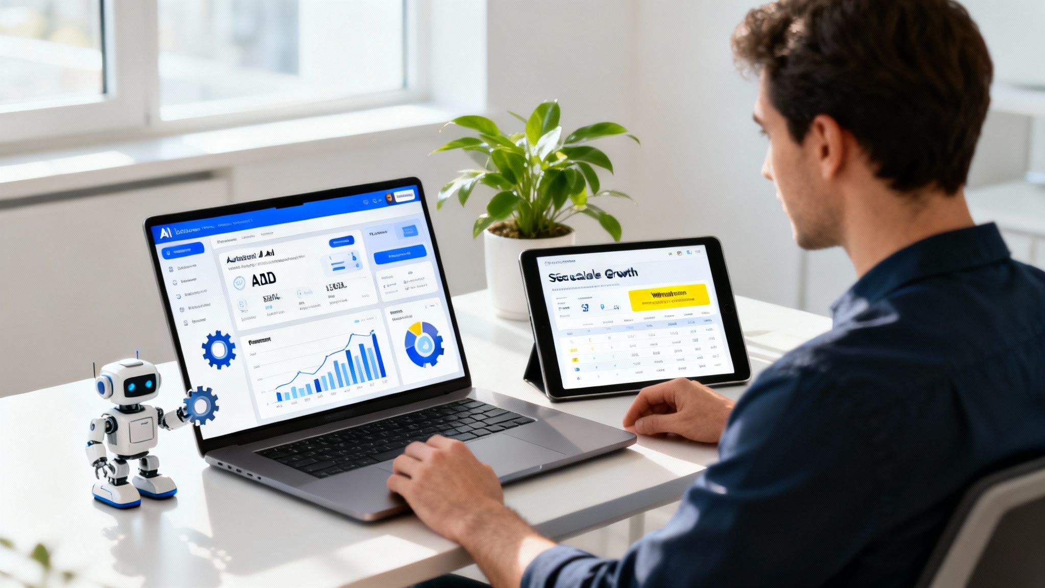 A man analyzes data on a laptop and tablet, featuring an AI dashboard and a small robot.