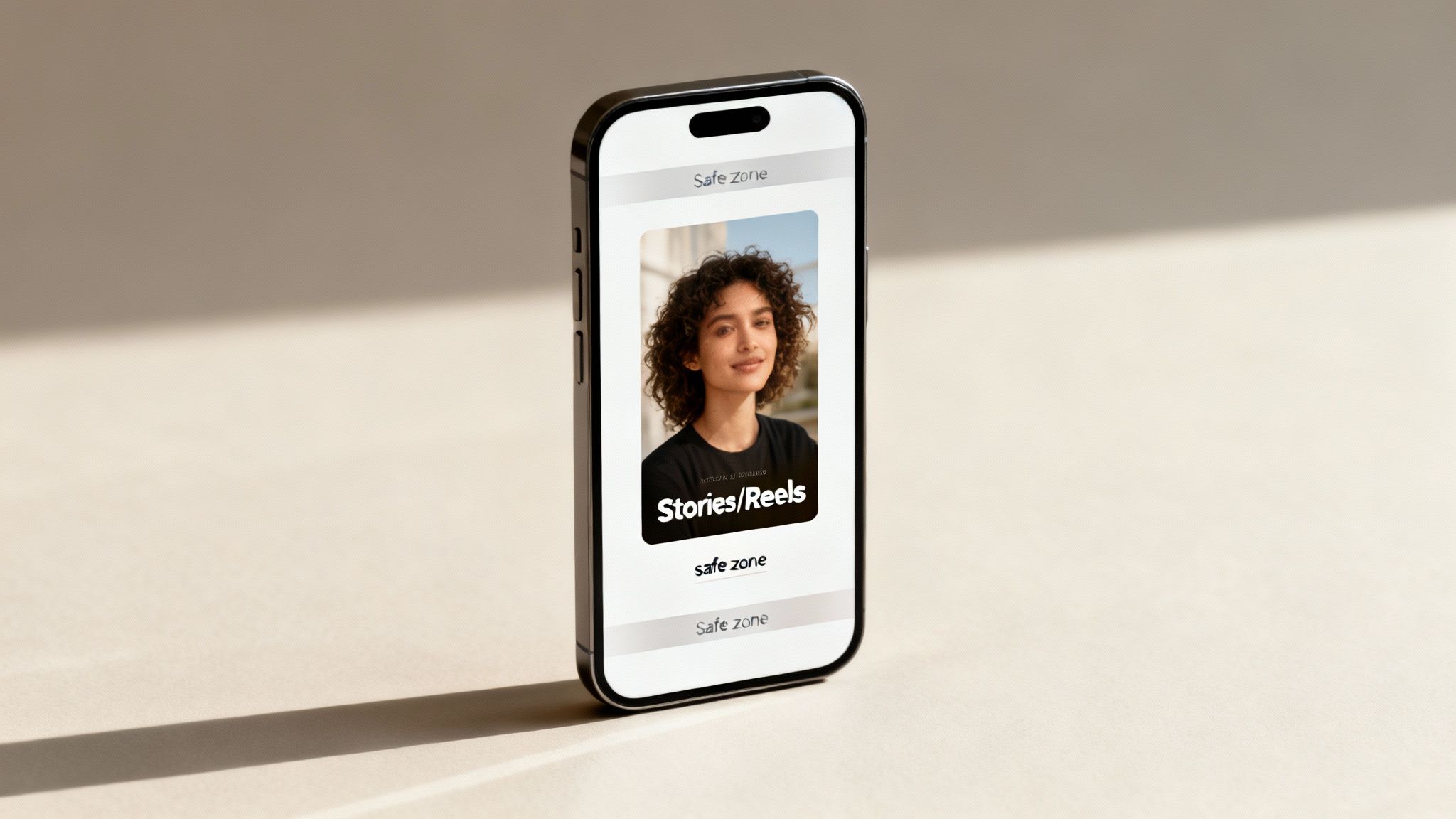 A sleek smartphone displays a social media app featuring a smiling woman and 'Stories/Reels' text.