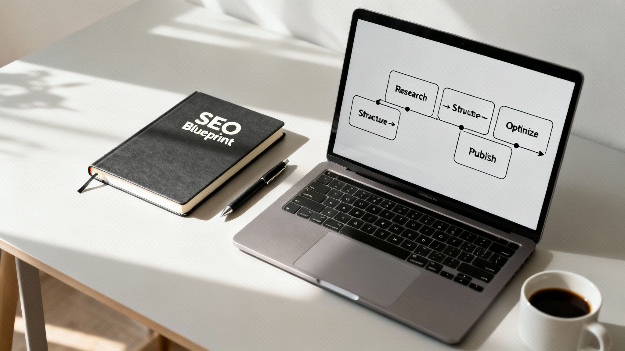 A flat lay of an SEO blueprint notebook, pen, laptop displaying an SEO process diagram, and coffee.