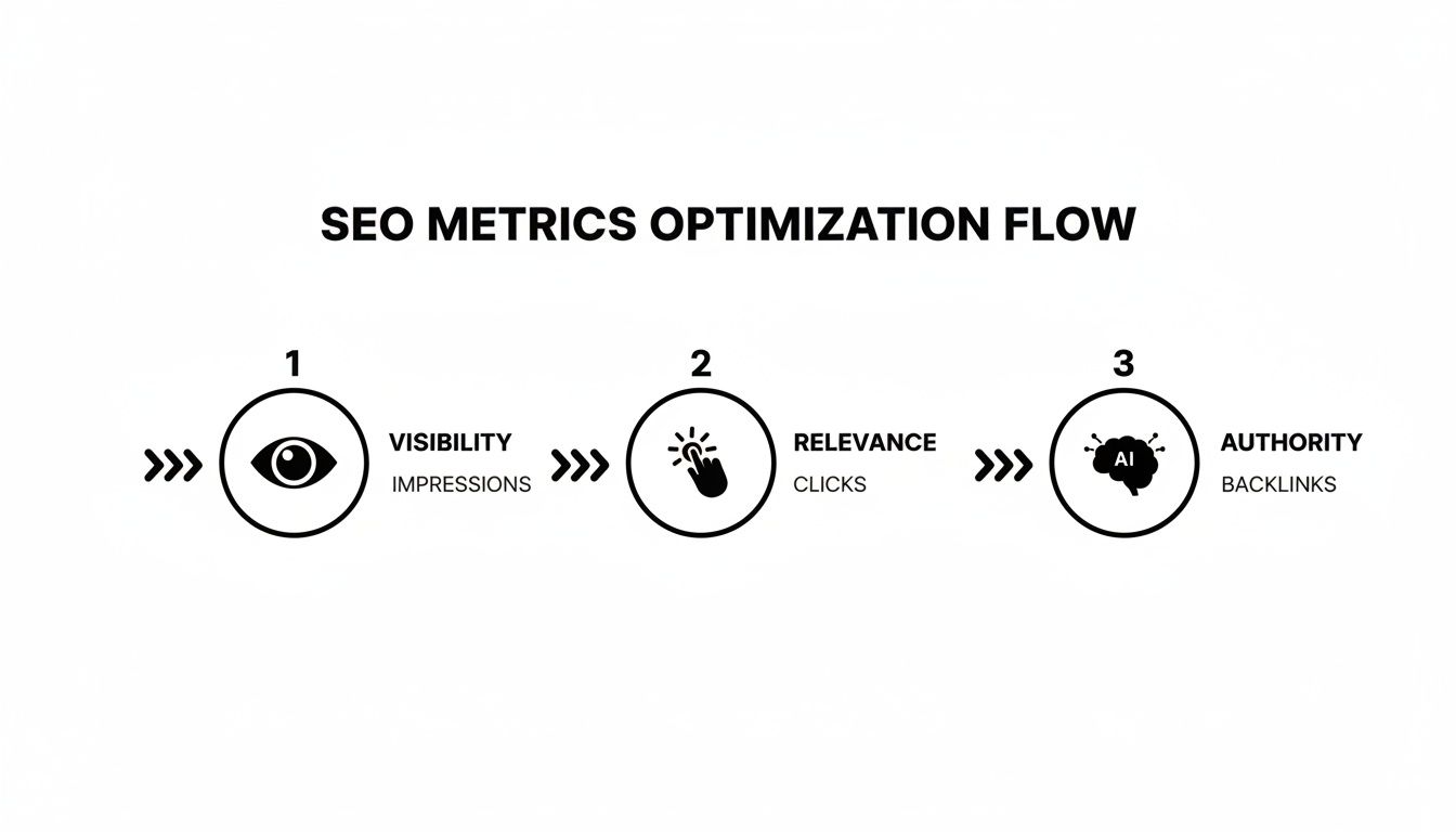Flowchart illustrating the SEO metrics optimization process for visibility, relevance, and authority with corresponding metrics.