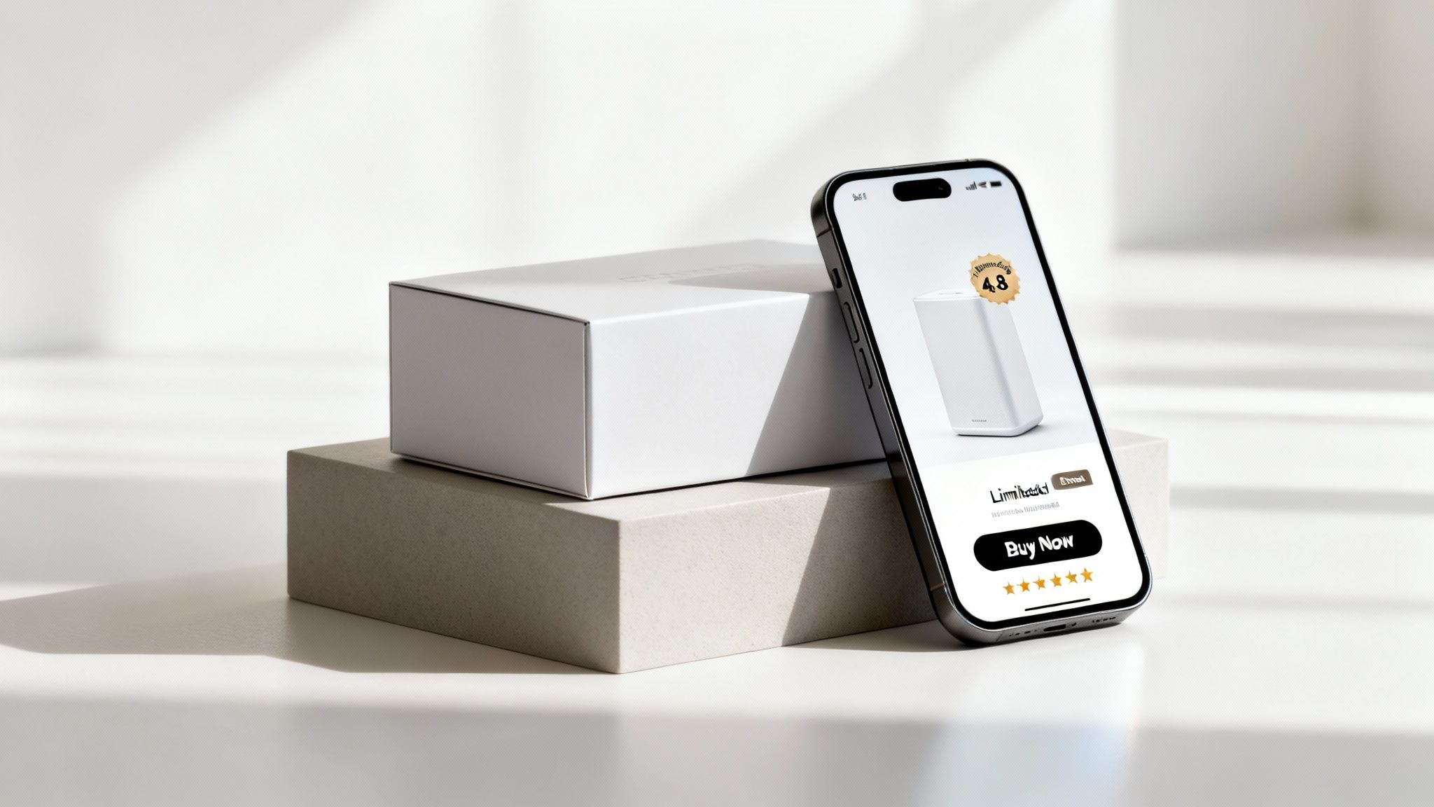 A smartphone displays an e-commerce product page for a white device with packaging boxes.