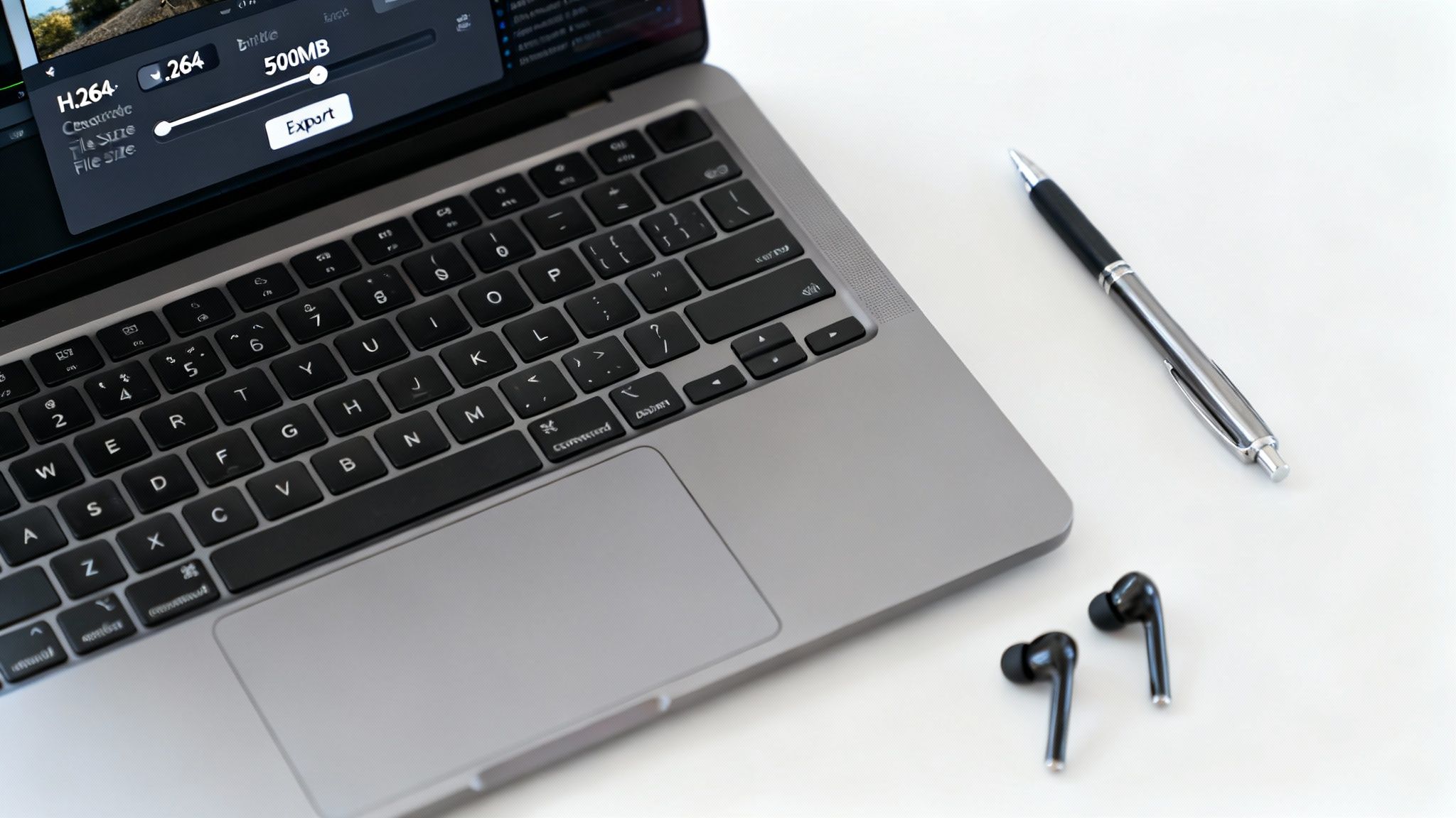 A silver laptop displaying a video export screen, with a pen and black wireless earbuds on a white desk.