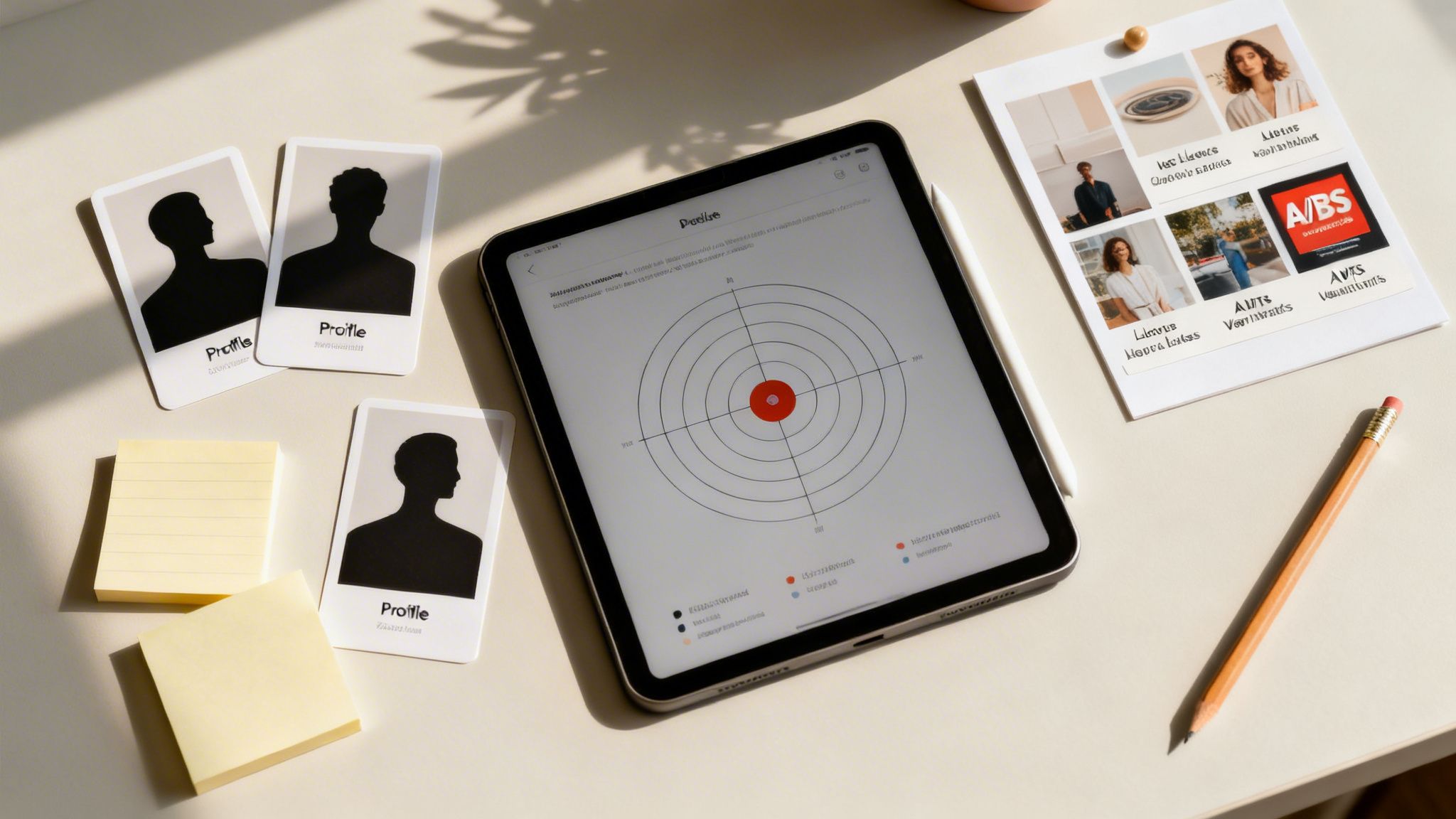 Professional workspace flat lay with a tablet displaying a target graph, profile cards, sticky notes, and advertising materials.