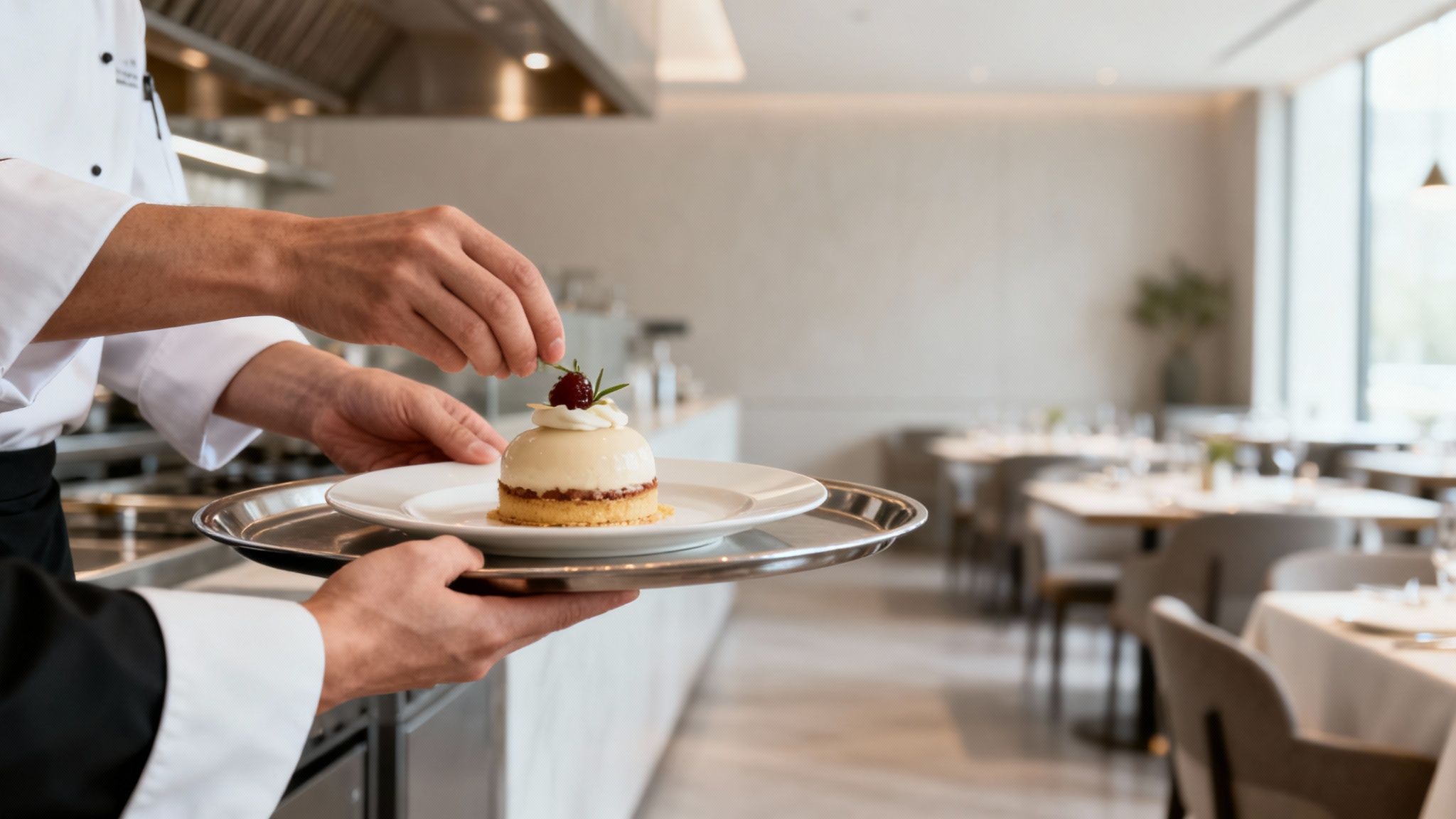 A chef garnishes a white glazed dessert on a tray held by a server in a modern restaurant.