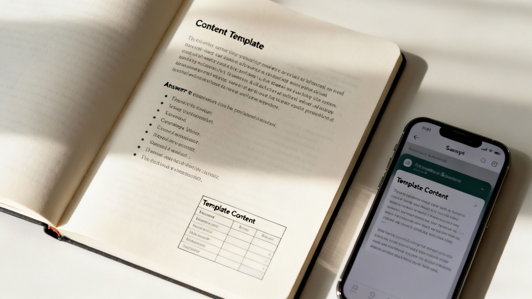 An open notebook with a content template and a phone displaying a digital template for content creation.