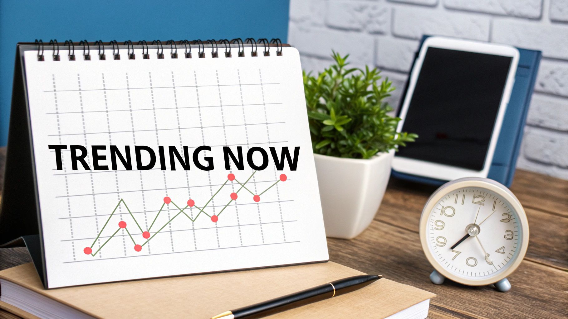 Desk calendar displaying 'TRENDING NOW' and a line graph, with a plant, phone, and clock.