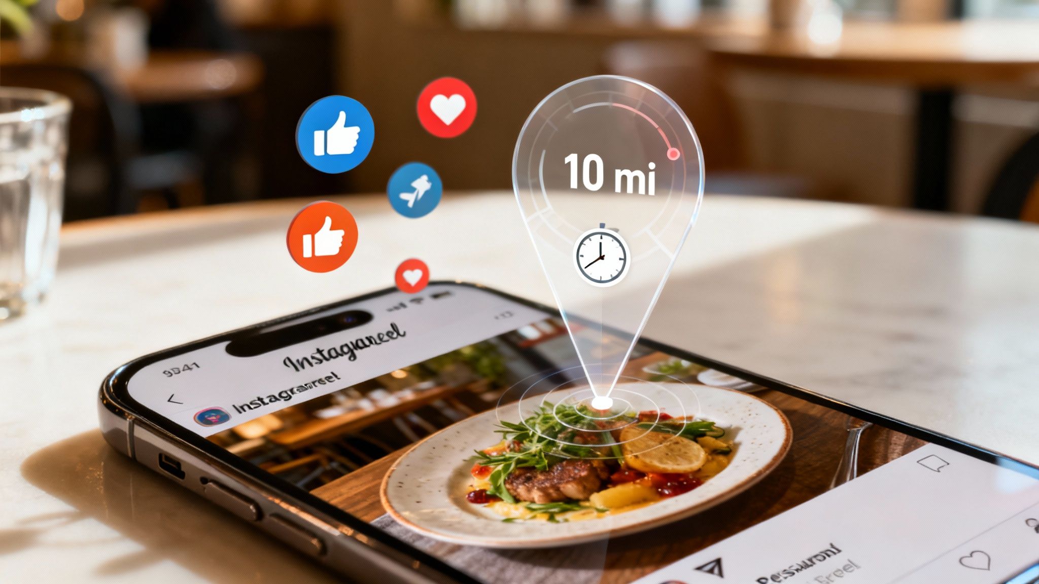 A smartphone showing an Instagram Reel with a food dish, surrounded by AR social media icons and a '10 mi' location pin.