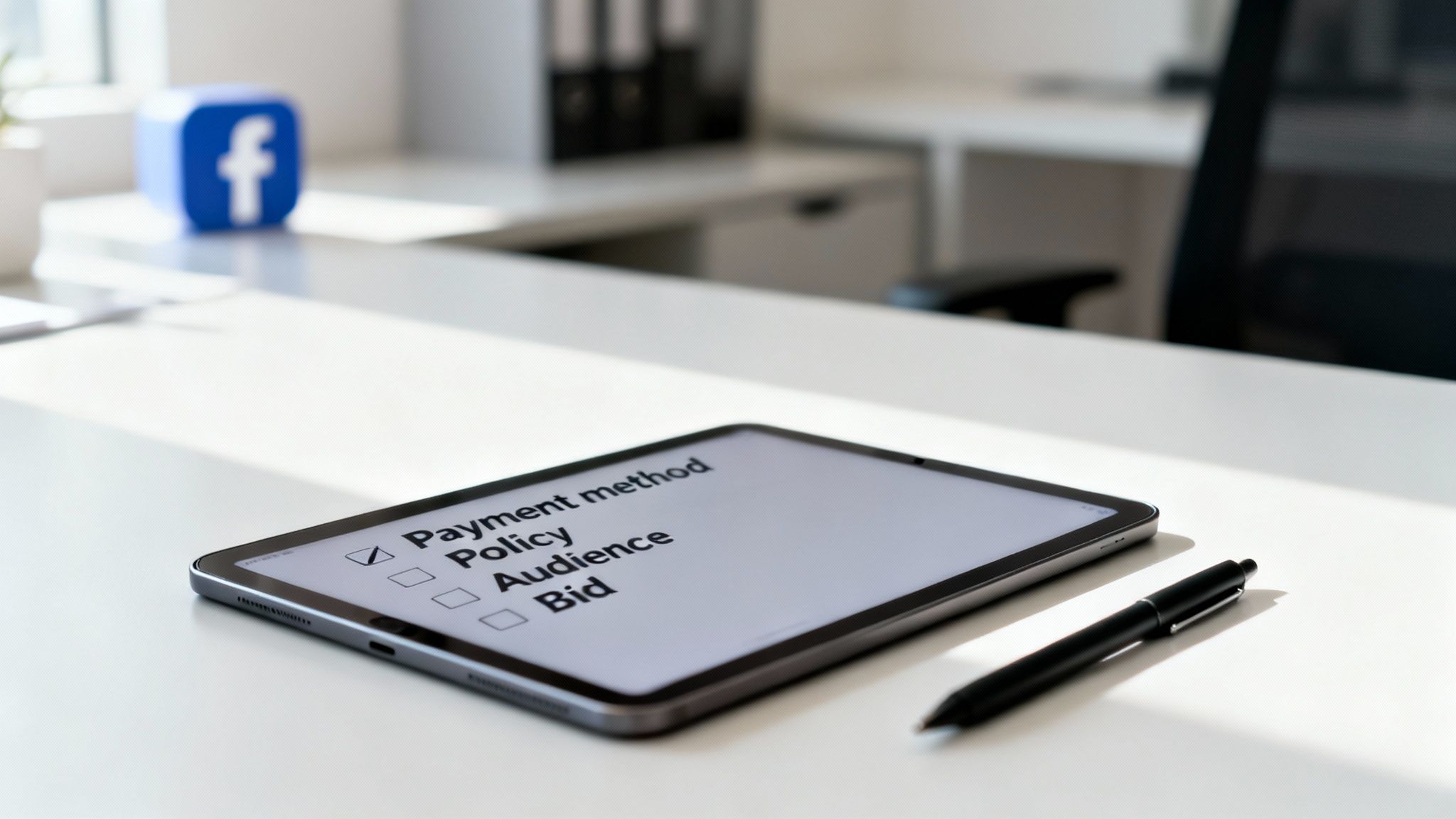 A tablet on a desk displays a checklist for ad setup with 'Payment method' checked, near a Facebook logo cube.