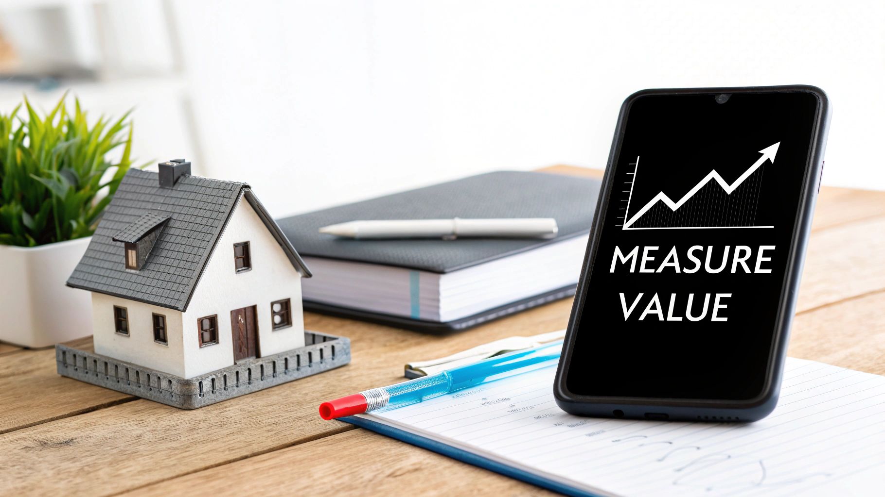 A miniature house, office supplies, and a smartphone displaying 'MEASURE VALUE' with an upward graph.