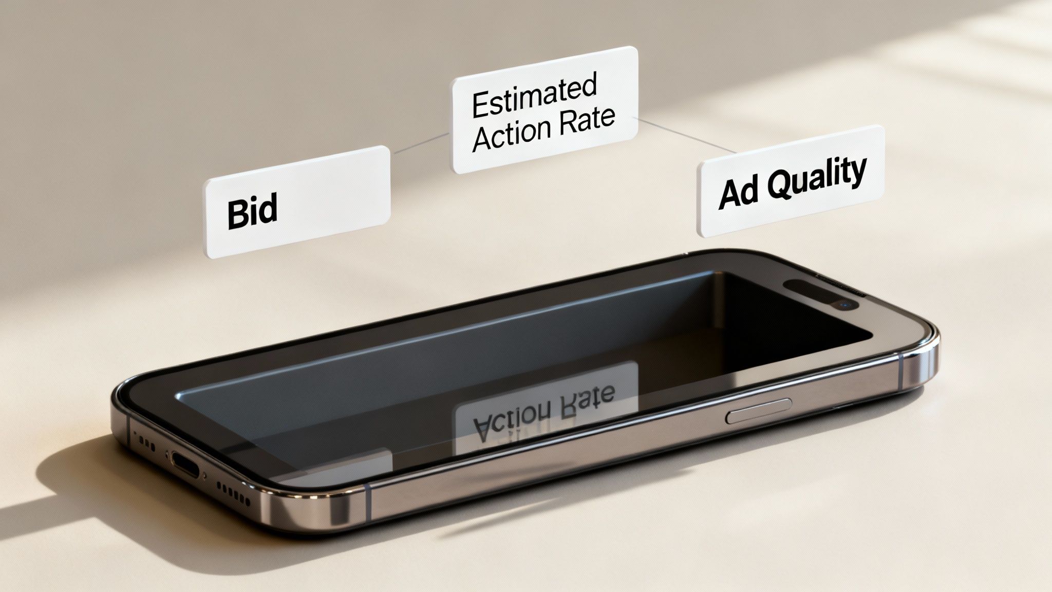 Smartphone with floating labels: 'Bid', 'Estimated Action Rate', and 'Ad Quality' depicting advertising factors.