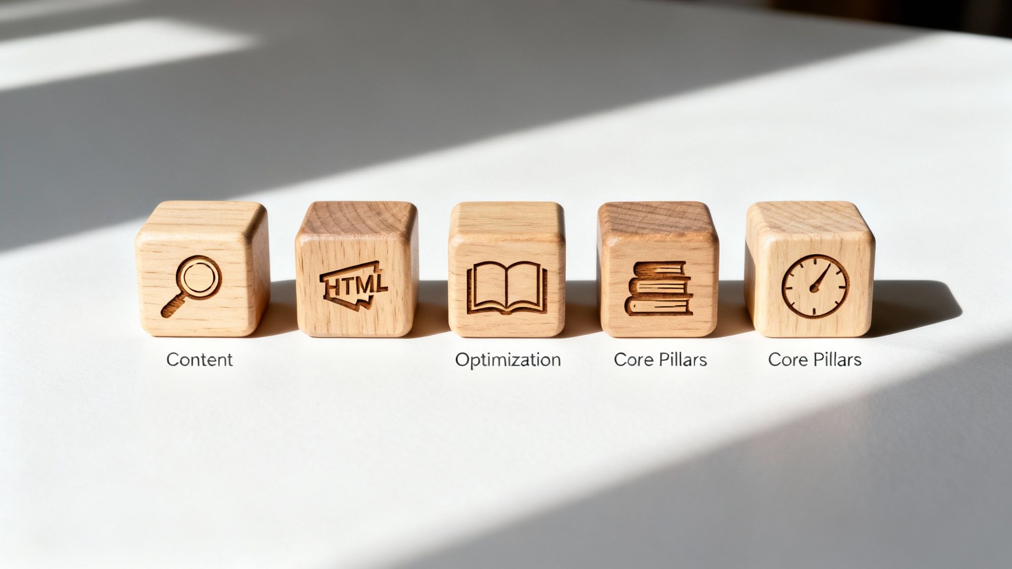 Wooden blocks illustrate content, HTML, and books for SEO optimization and core strategy pillars.