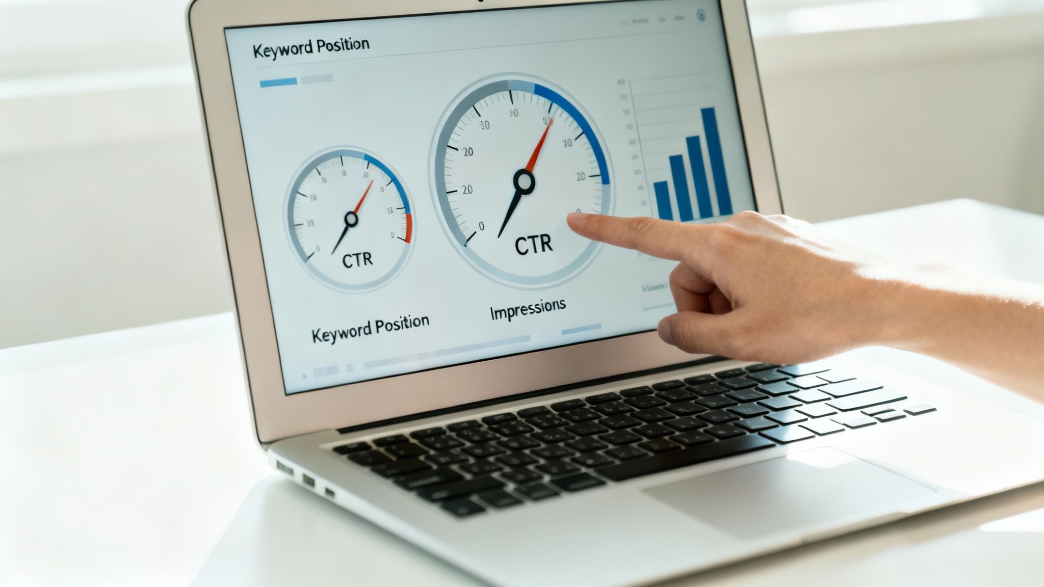 A hand pointing at a laptop screen displaying SEO ranking data, CTR, and impressions metrics.