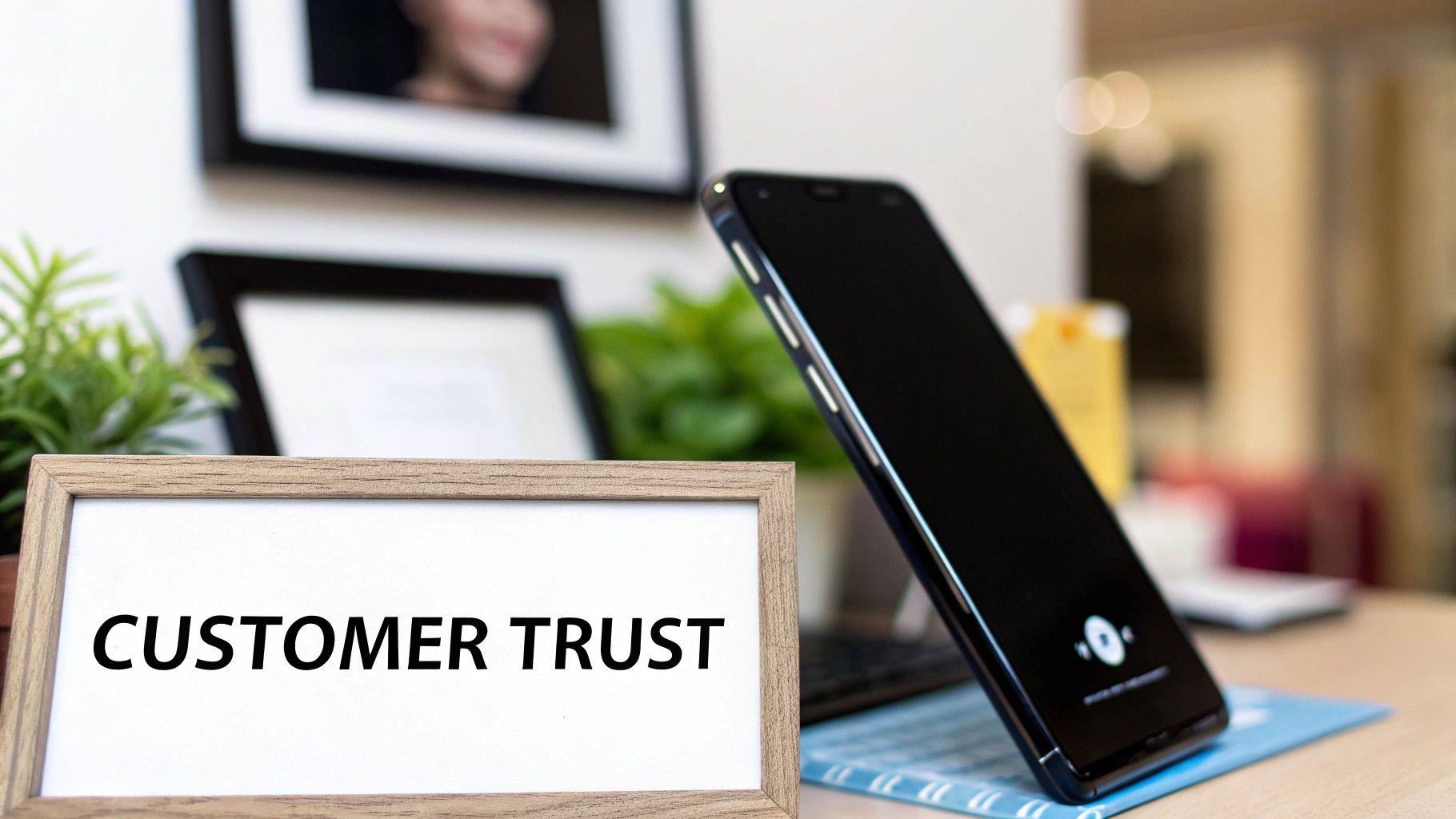 A framed sign on a desk reads 'CUSTOMER TRUST' with a smartphone and plants in the background.