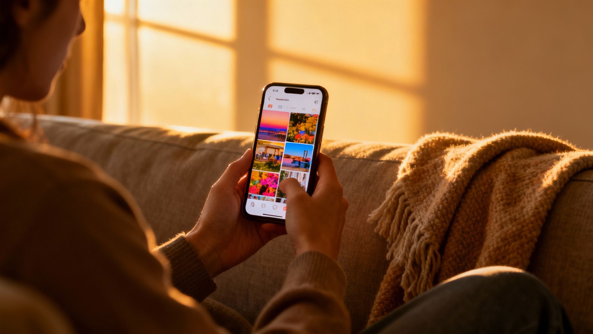 A person scrolls through a colorful photo gallery on a smartphone while relaxing on a couch.