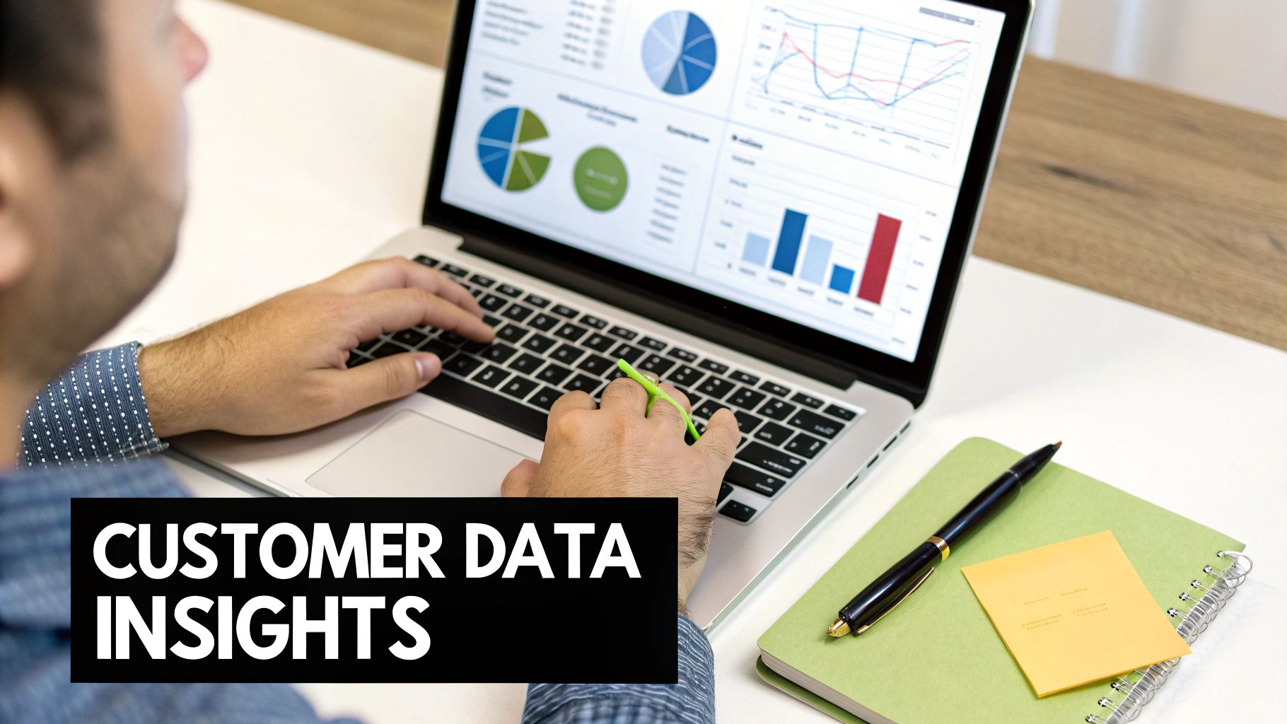A person analyzing customer data insights on a laptop displaying various charts and graphs.