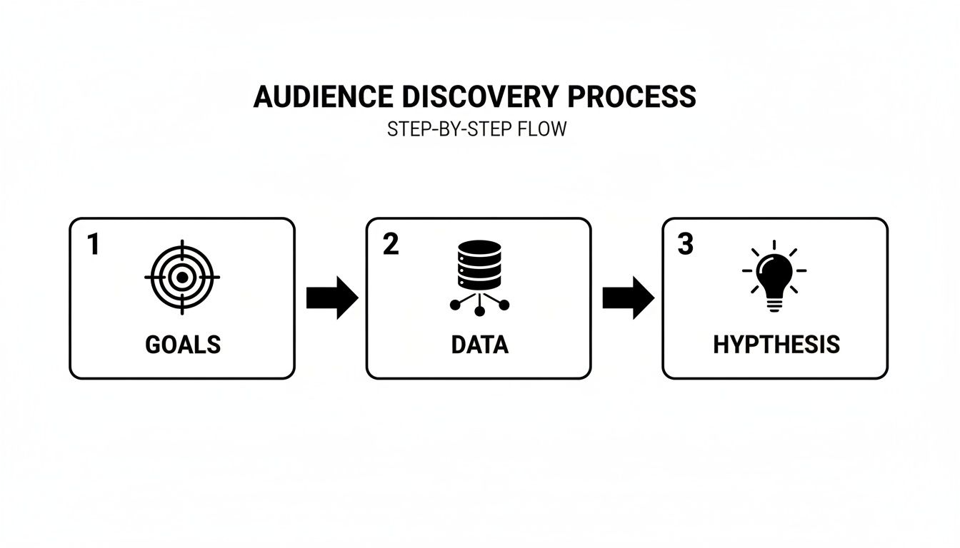 A step-by-step flow chart outlines the audience discovery process: Goals, Data, and Hypothesis.