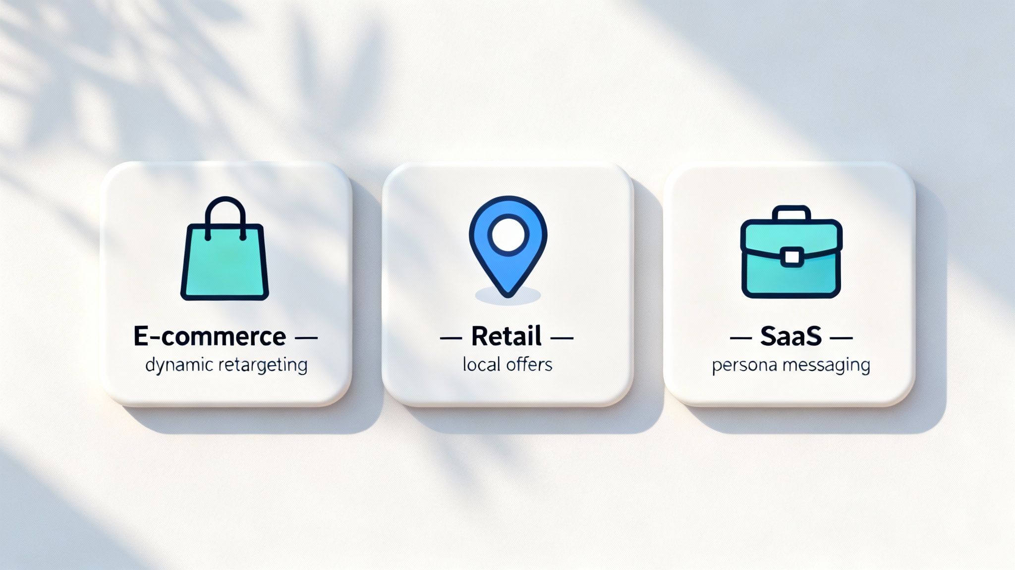 Three white tiles display business models: E-commerce (dynamic retargeting), Retail (local offers), and SaaS (persona messaging).