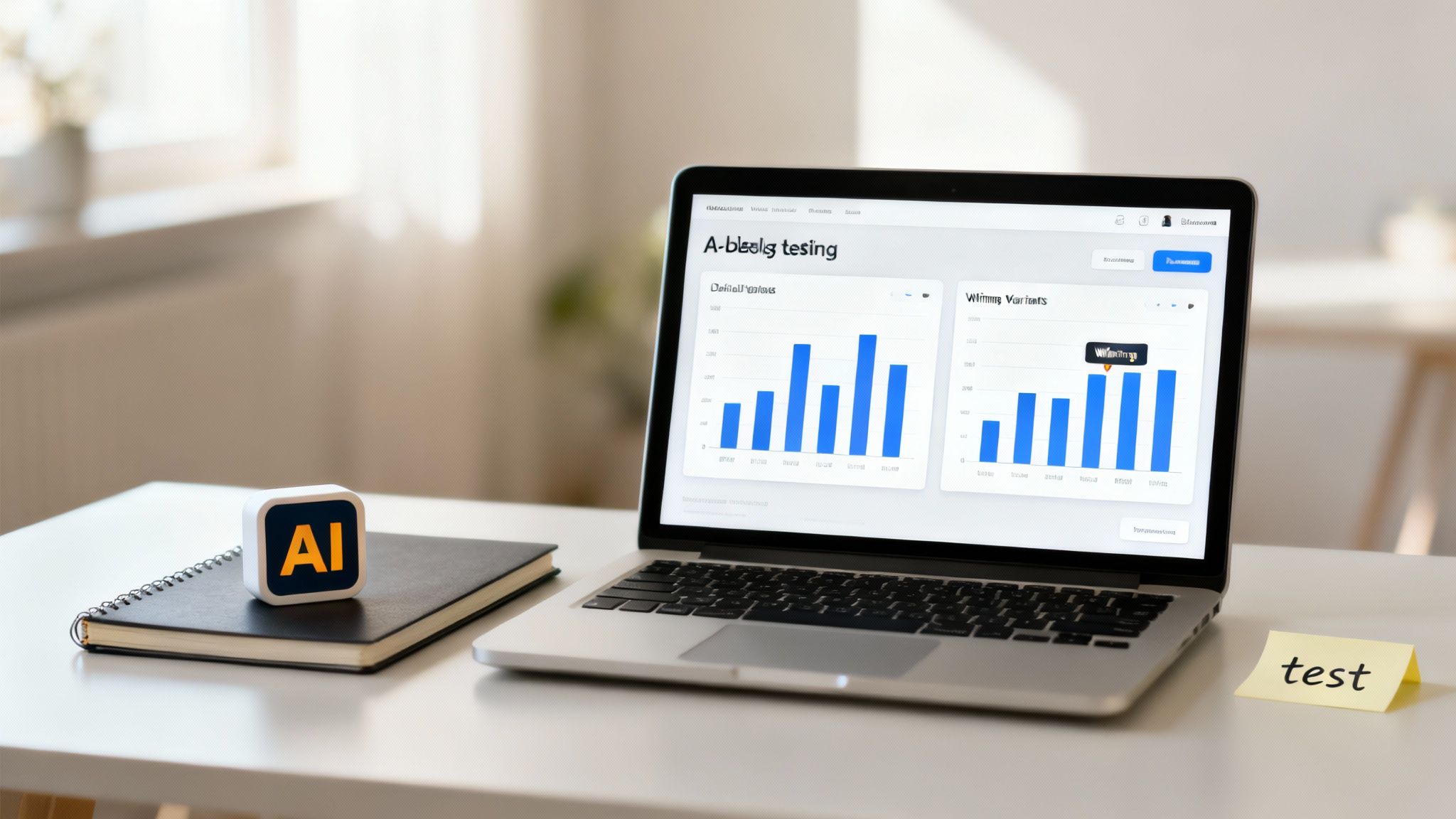 Laptop displaying A/B testing charts with an AI cube and a 'test' sticky note on a white desk.