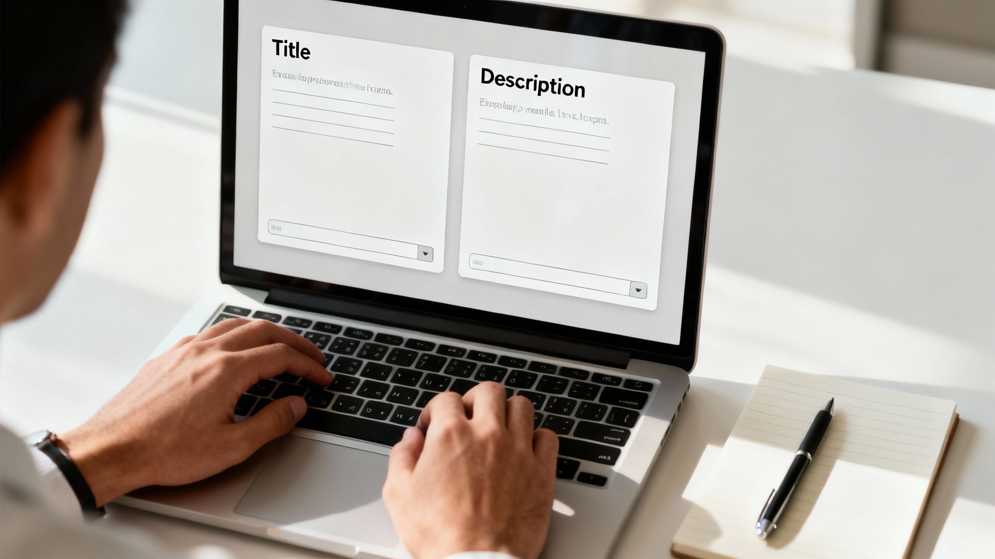 A person types on a laptop displaying 'Title' and 'Description' input forms, with a notebook nearby.