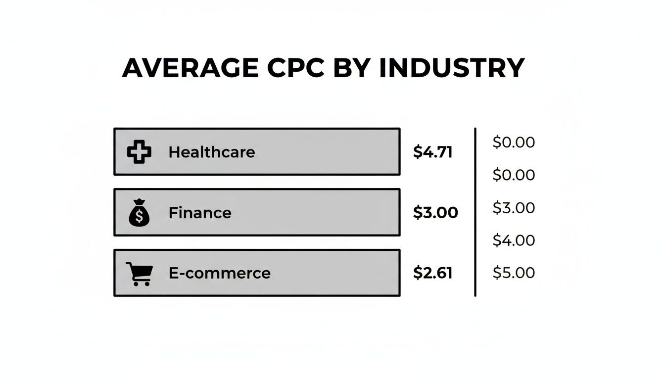 Chart displaying average Cost Per Click (CPC) across healthcare, finance, and e-commerce industries.